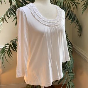 Cotton/modal white tee with ruffled neckline EUC